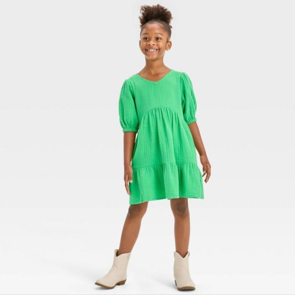 Cat & Jack Girls' NWOT Green Short Sleeve Gauze Dress w/ Pockets Sz Medium (8)